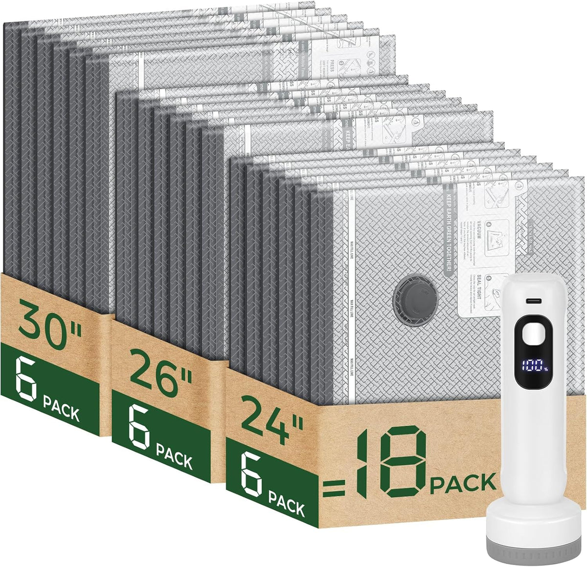 Bolsas de almacenamiento al vacío con bomba digital inalámbrica - 18 combinaciones