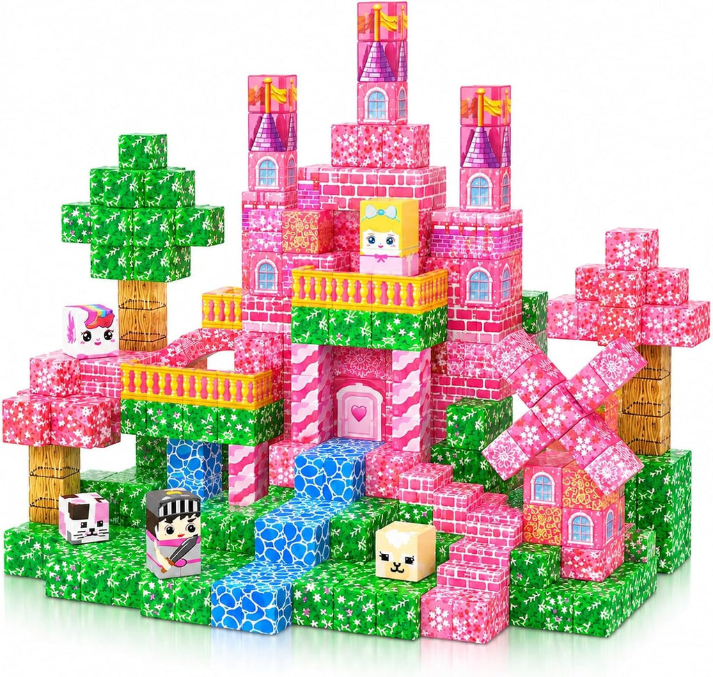 Bloques magnéticos – 100 cubos magnéticos de bloques de construcción, bloques magnéticos transparentes, castillo de princesa, juegos de construcción para niños, juguetes de imanes apilables STEM