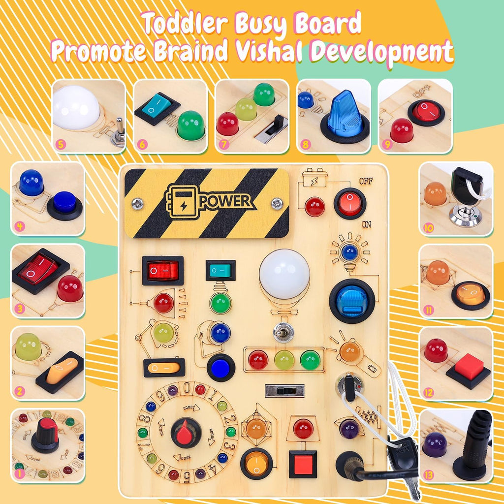 Tablero de actividades con interruptores de luz LED, juguetes Montessori para niños de 1, 2, 3 años, tablero de actividades sensoriales de madera para niños pequeños, juguetes de viaje para niños y niñas de 1 año o más, regalo de cumpleaños