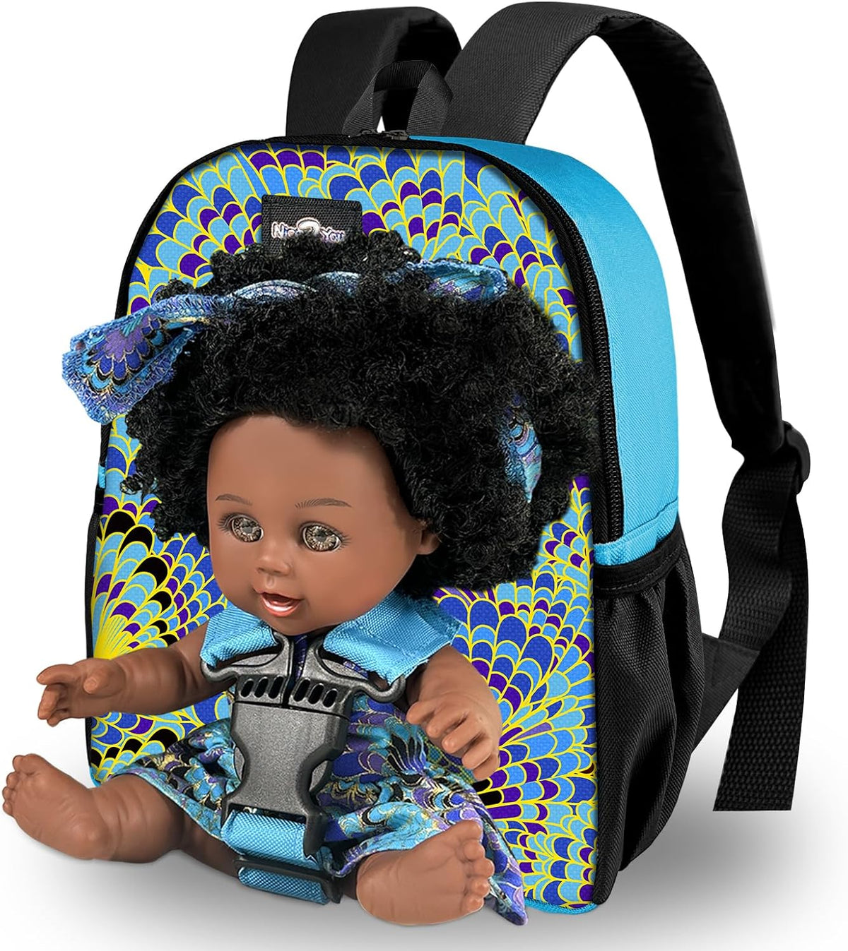 Nice2you Muñeca bebé negra con portabebés tipo mochila, 10 pulgadas