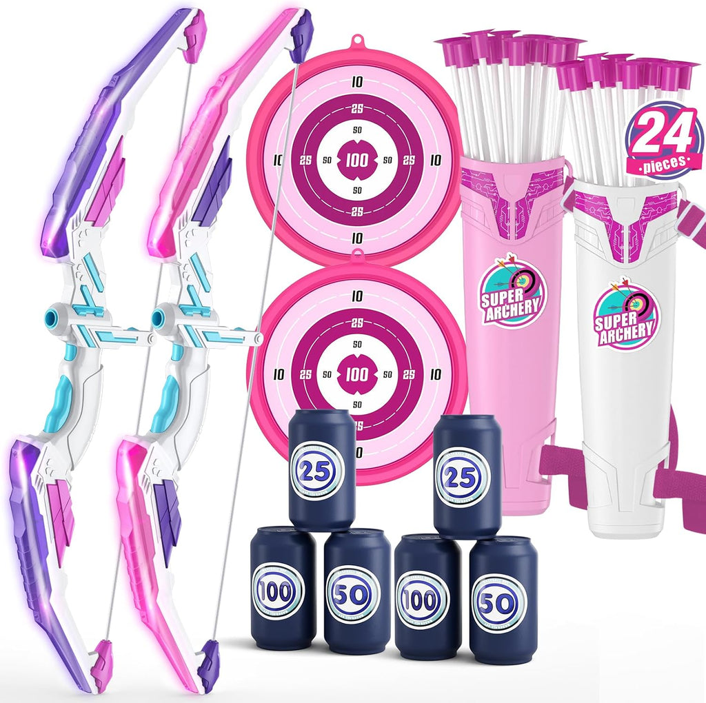 2 Pack Bow y Arrow para Kids, LED Light Up Girls Archery Set