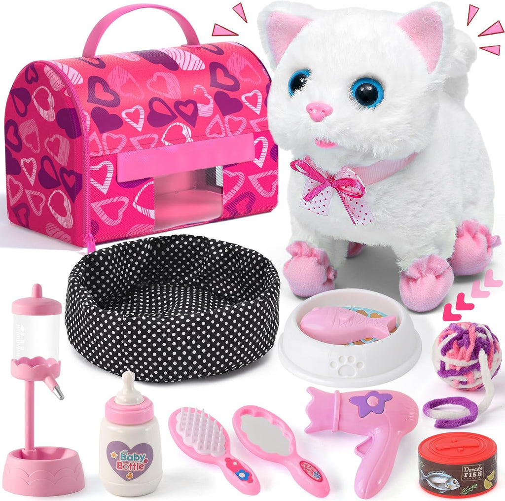 Juguetes de Gato para Niñas, Regalo para Niñas, Juguete de Peluche Interactivo Electrónico que Puede Caminar y Maullar - Juego de 16 Piezas para Transportar y Cuidar Mascotas, Juego de