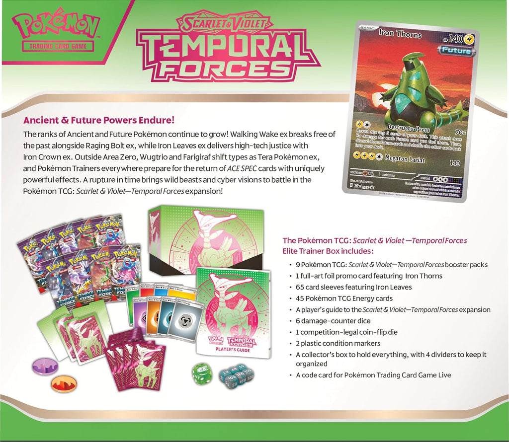 Pokemon TCG: Escarlata y Violeta: Fuerzas Temporales: Elite Trainer Box: Hojas de Hierro