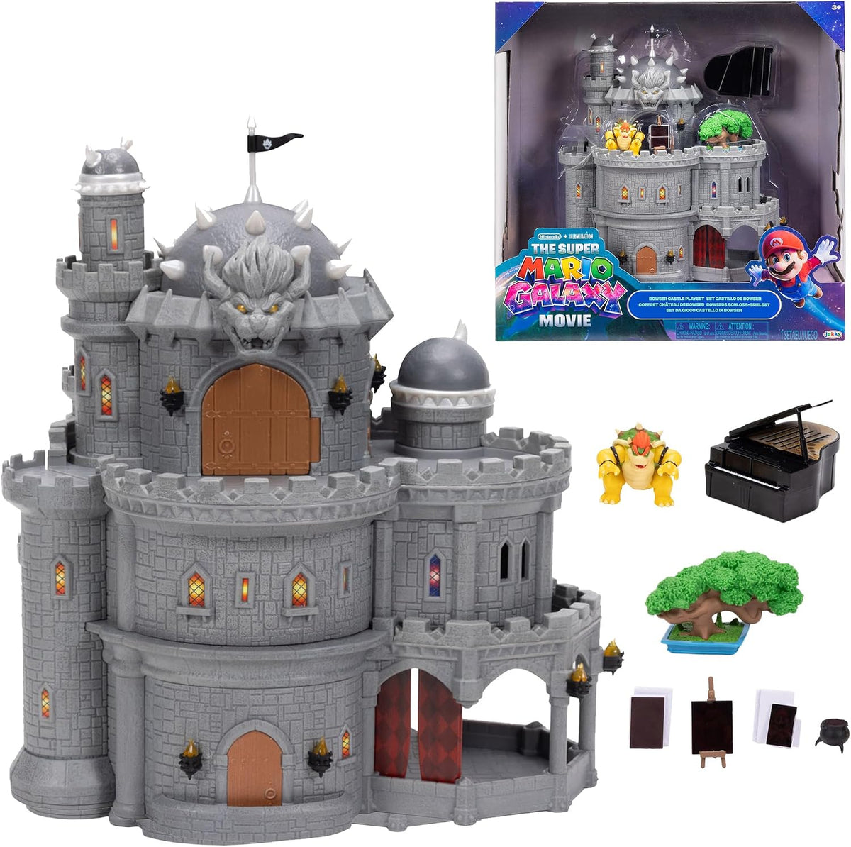 The Super Mario Galaxy Movie – Juego de castillo Bowser de 3 pisos de lujo de 12 pulgadas con figura de Bowser de 1.5 pulgadas, piano, árbol bonsái, pinturas activadas por calor y mucho más