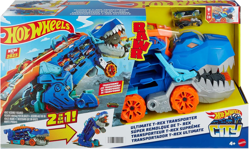 Hot Wheels City Ultimate Transportador T-Rex y 2 Autos de Moda a Escala