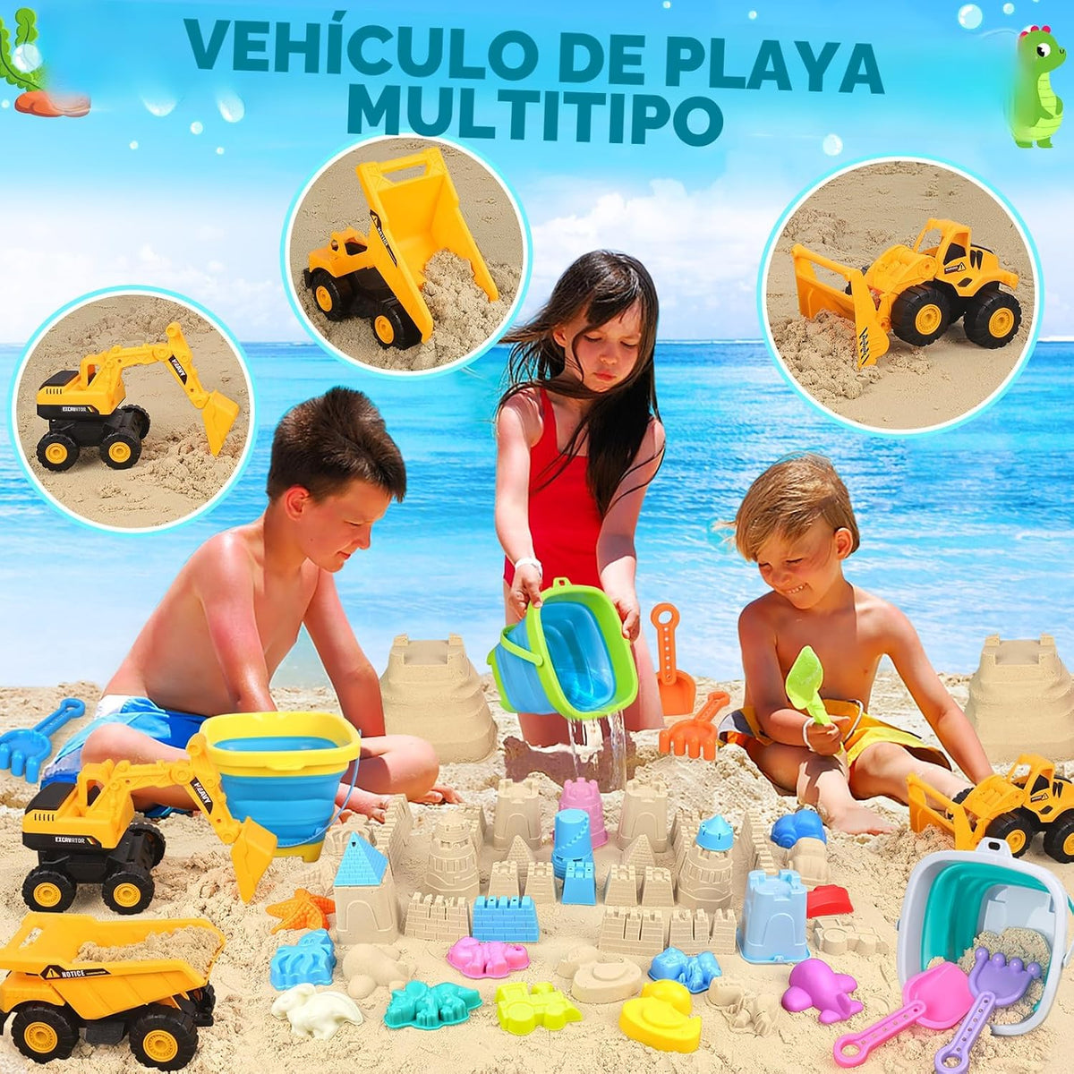 Juguetes de playa con 3 camiones, cubos plegables para niños de 3