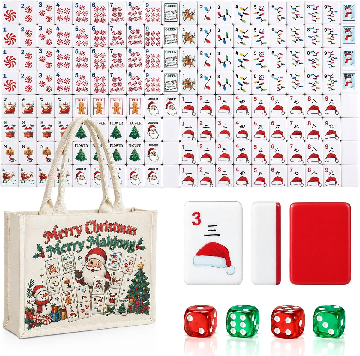Kasyat Juego de 160 piezas de mahjong con temática navideña de 1.2 pulgadas