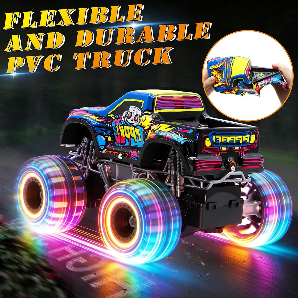 Camión monstruo de juguete a control remoto para niños, escala 1:20, 2.4 GHz, auto RC con luces, camión RC recargable todo terreno con 2 baterías recargables, regalo de juguete, cumpleaños, Navidad