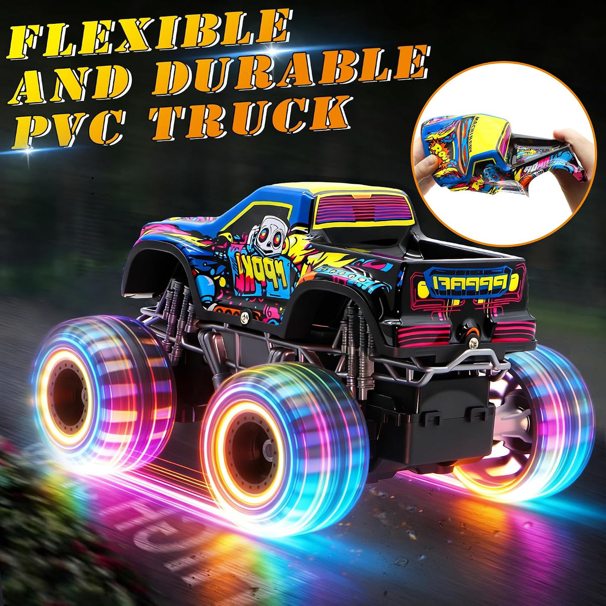 Camión monstruo de juguete a control remoto para niños, escala 1:20, 2.4 GHz, auto RC con luces, camión RC recargable todo terreno con 2 baterías recargables, regalo de juguete, cumpleaños, Navidad