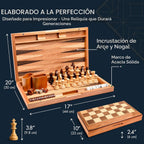 Pointworks Juego de ajedrez, damas y backgammon de 17 pulgadas para adultos, juego de ajedrez de madera combo, tablero plegable portátil de dos lados diseño multi juego, incrustación de nogal y arce