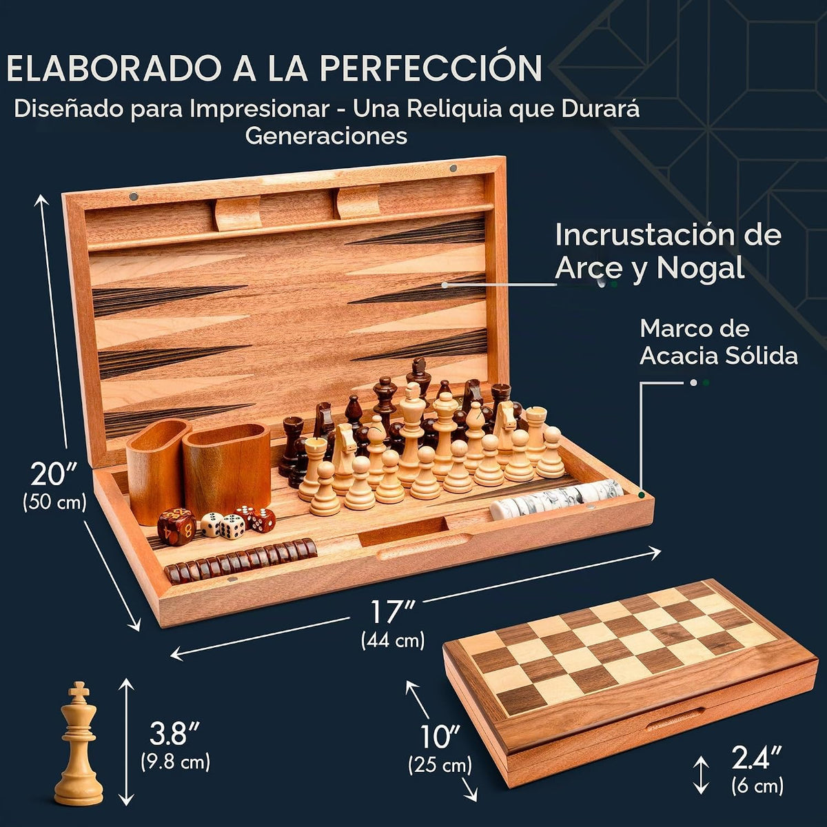 Pointworks Juego de ajedrez, damas y backgammon de 17 pulgadas para adultos, juego de ajedrez de madera combo, tablero plegable portátil de dos lados diseño multi juego, incrustación de nogal y arce