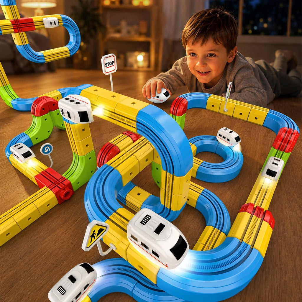 Electric Train Set para Kids 52PCS, 3D Gravity-Defying Flexible Cube Race Track Toy Railroad Block Kit para Kid Educational Stem Train Toys Gift para Boys&Girls 3 4 5 6 7 8 Years Old