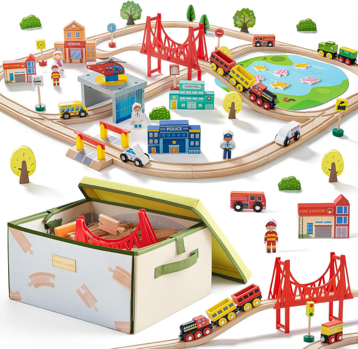 Tiny Land Juego de tren de madera de 110 piezas con caja de almacen...