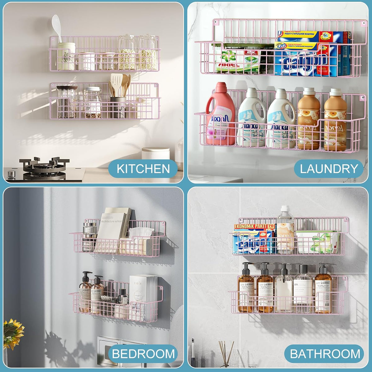 Estante para especias, paquete de 4 organizadores de condimentos montado en la pared para organización de almacenamiento de cocina, estante de metal para especias para gabinete, despensa, rosa