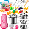 Tigerhu 26 accesorios de cocina de juguete, juguetes de cocina con utensilios de cocina de acero inoxidable, delantal y sombrero de chef, juego de ollas y sartenes, alimentos para cortar, grandes