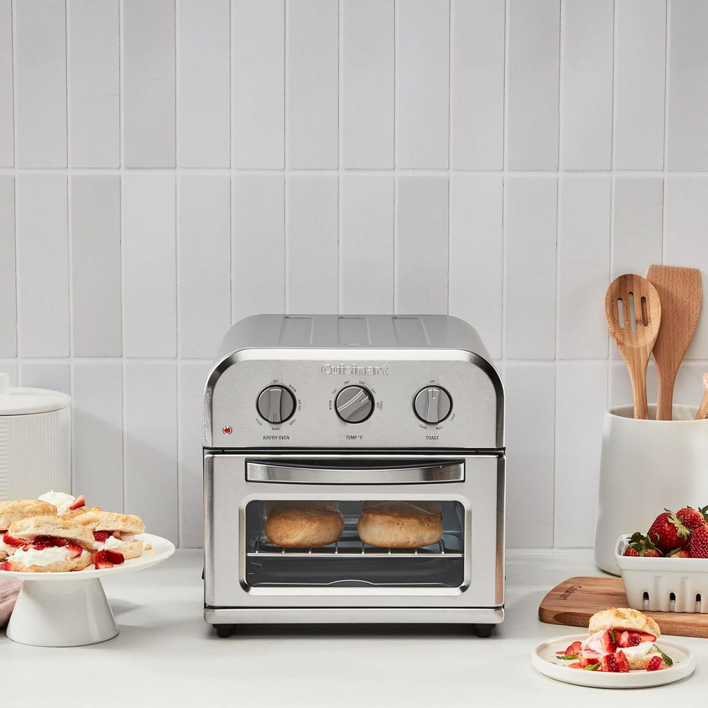 Cuisinart Horno Tostador Freidora de Aire Compacto, Freidora de Acero Inoxidable con Funciones 6-en-1, Temperatura Ajustable, Incluye Estante para Horno, Bandeja para Hornear y Cesta para Freidora de