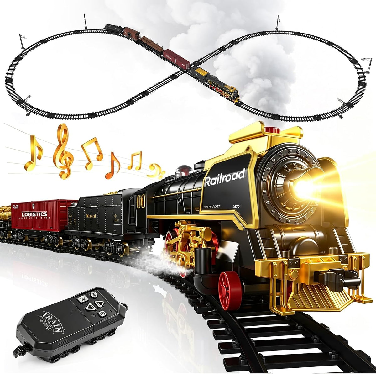 Juego de tren eléctrico con control remoto, humo, luces, sonido