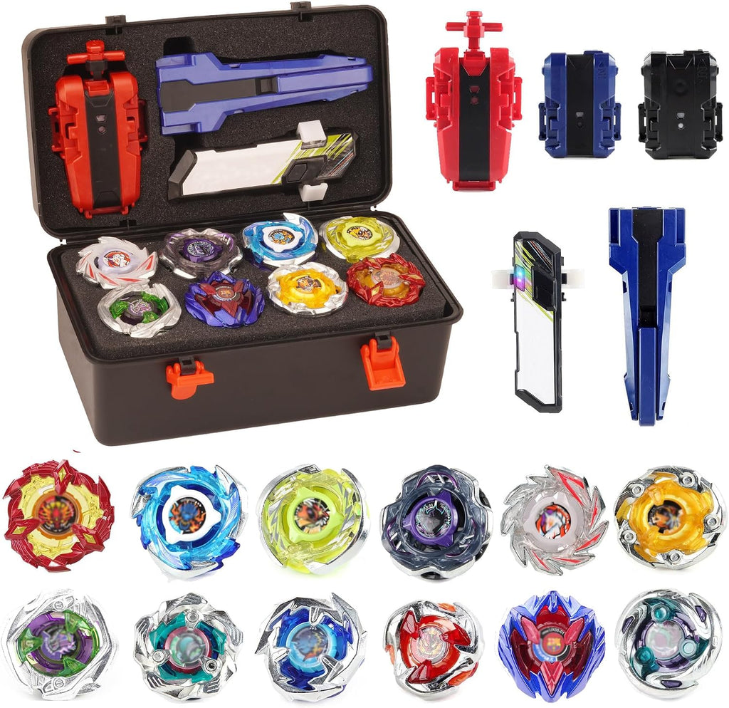 Battling Burst Gyro Toy Set Gift 12 Burst Spinning Tops 2 Lanzadores bidireccionales Grip Starter para niños niños 6 8 10 12+ juego de batalla con caja portátil