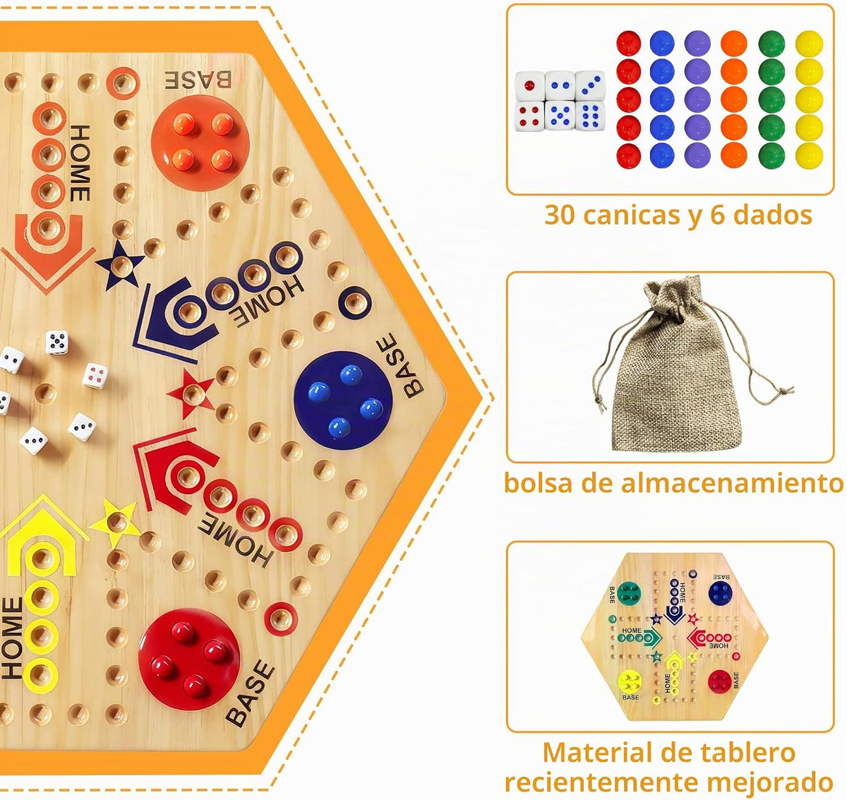 Wooden Board Game, Original Marble Game Double Sided 2-6 Player,15 Inch
