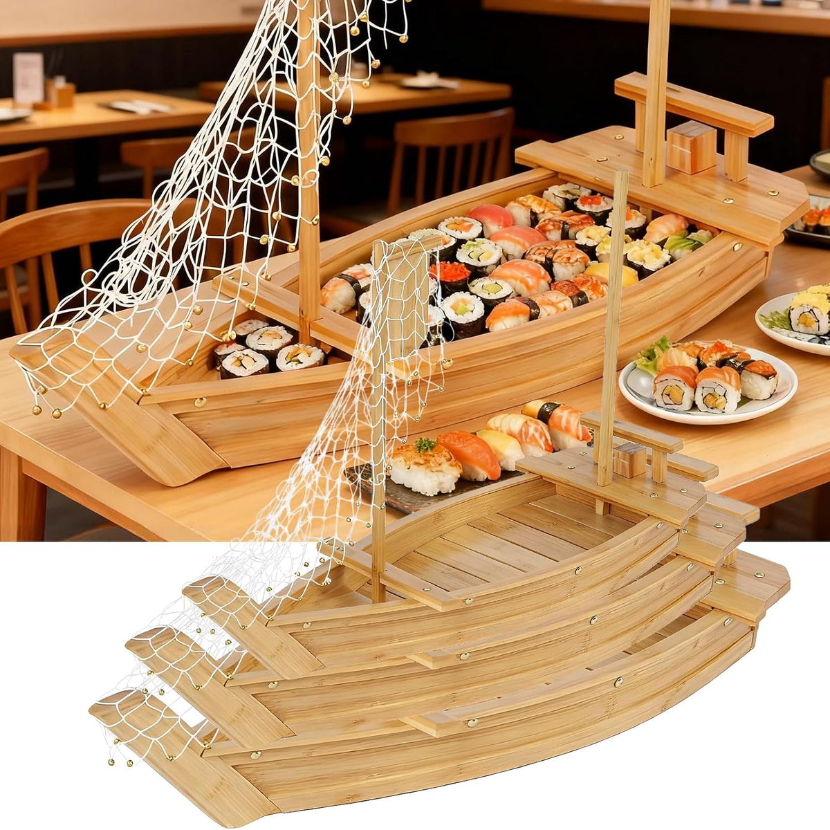 Bandeja de bambú de 31.5 pulgadas para servir sushi – Bandeja de sushi extra grande y tablero de exhibición, estilo barco de madera japonés para sushi, sashimi, fiesta de mariscos, plato de