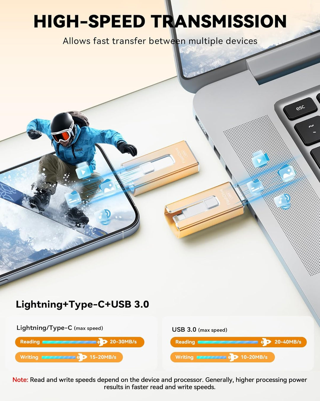Unidad flash con certificación MFi para iPhone iPad de 256 GB, barr...
