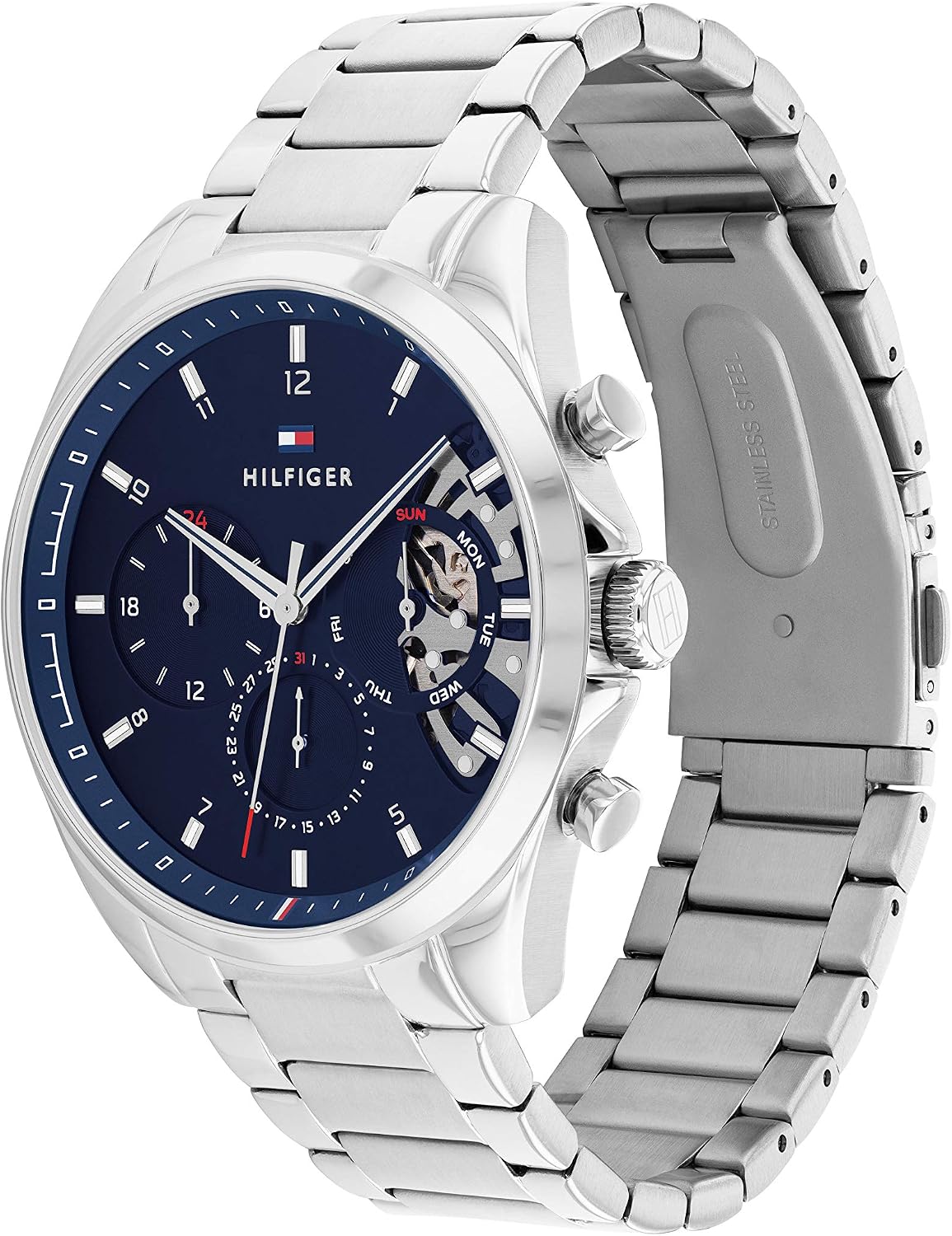Tommy Hilfiger Reloj para hombre – Cuarzo Multifunción, caja de acero inoxidable de 1.732 in, esfera de esqueleto, pulsera de eslabones – Reloj de vestir para hombre