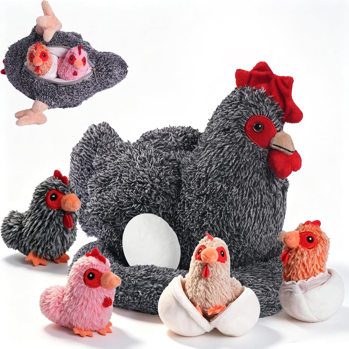 Juego de animales de peluche de pollo 9 en 1, juguete de peluche de pollo con barras, gallina ponedora con cremallera y pollitos de juguete, pollos, huevos y gallinero, juguetes para