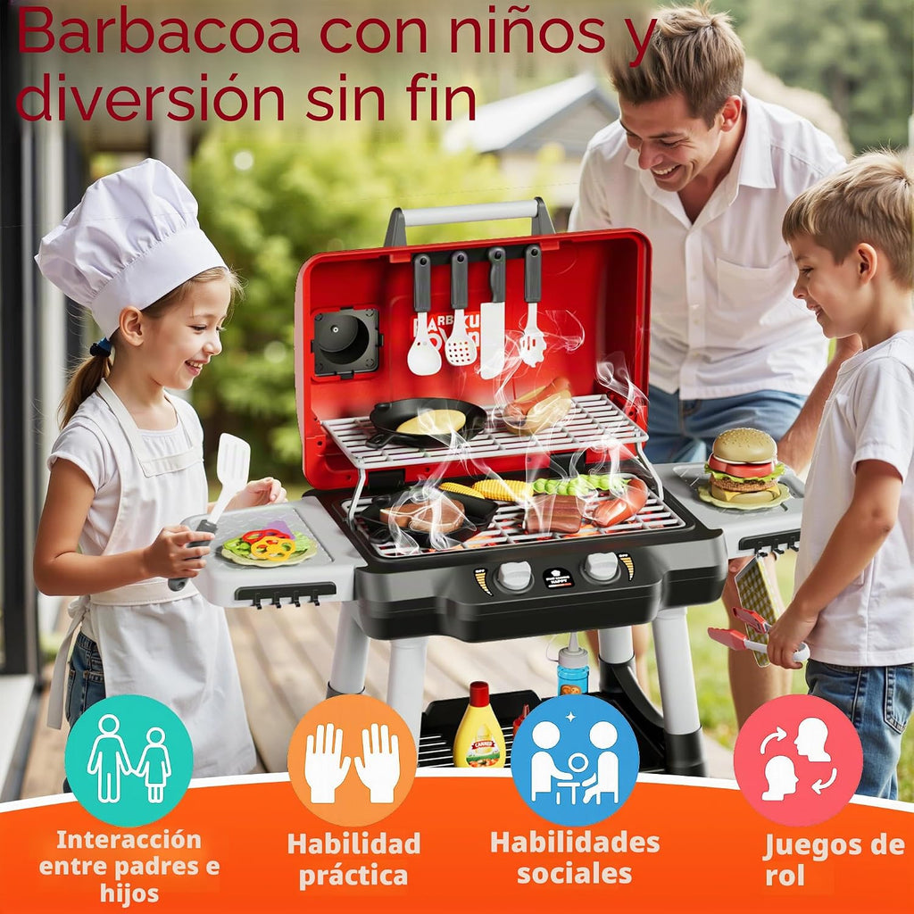 Set de juego para niños Parrilla BBQ de 2 niveles, Parrilla de juguete para niños, Comida de juego para exteriores
