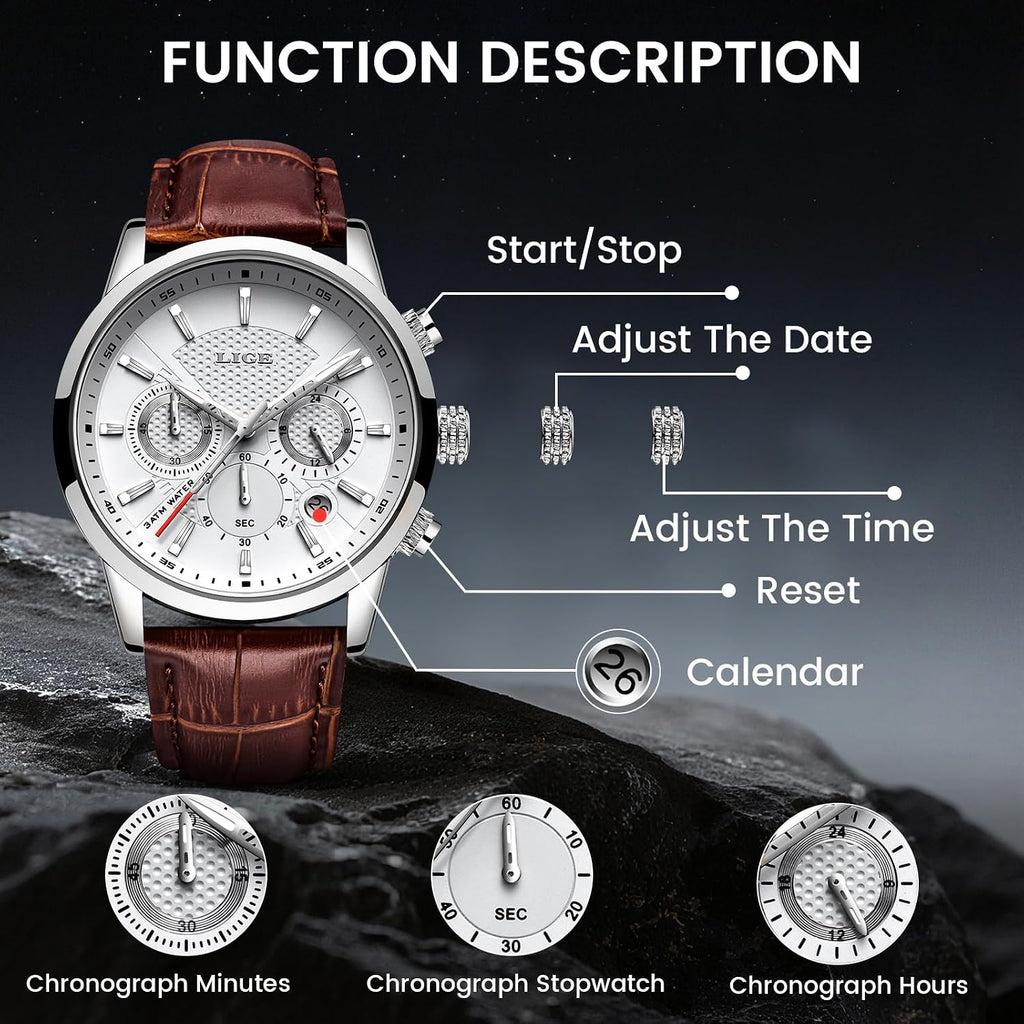 LIGE Reloj de Pulsera de Cuero para Hombres Analógico de Vestir Cronógrafo Impermeable Vintage Trabajo Casual Cuarzo con Calendario Cronógrafo Lúmenes Resistente al Agua 30M Reloj Clásico para Hombres