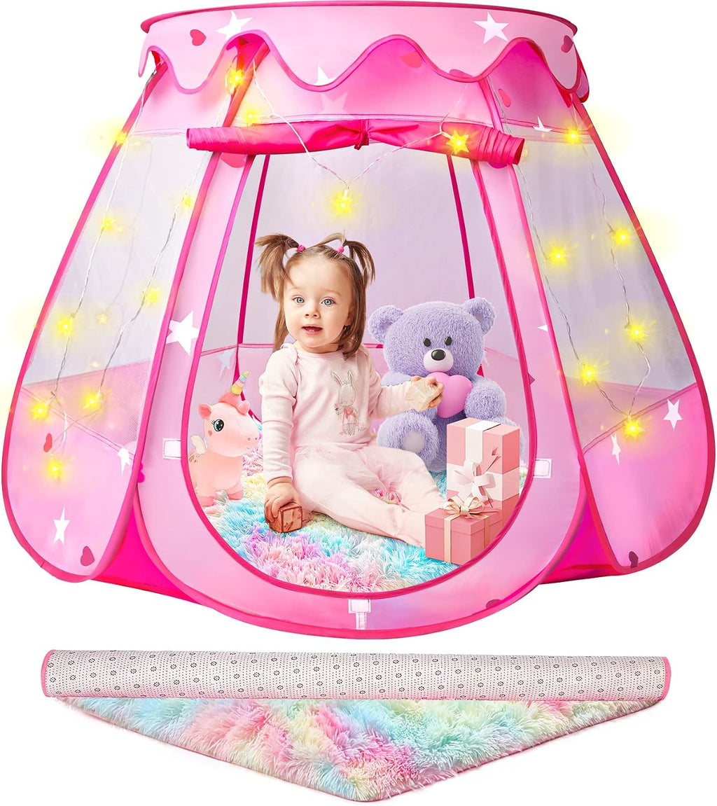Princess Castle - Tienda de campaña desplegable para niñas con alfombra arcoíris y luces de estrella