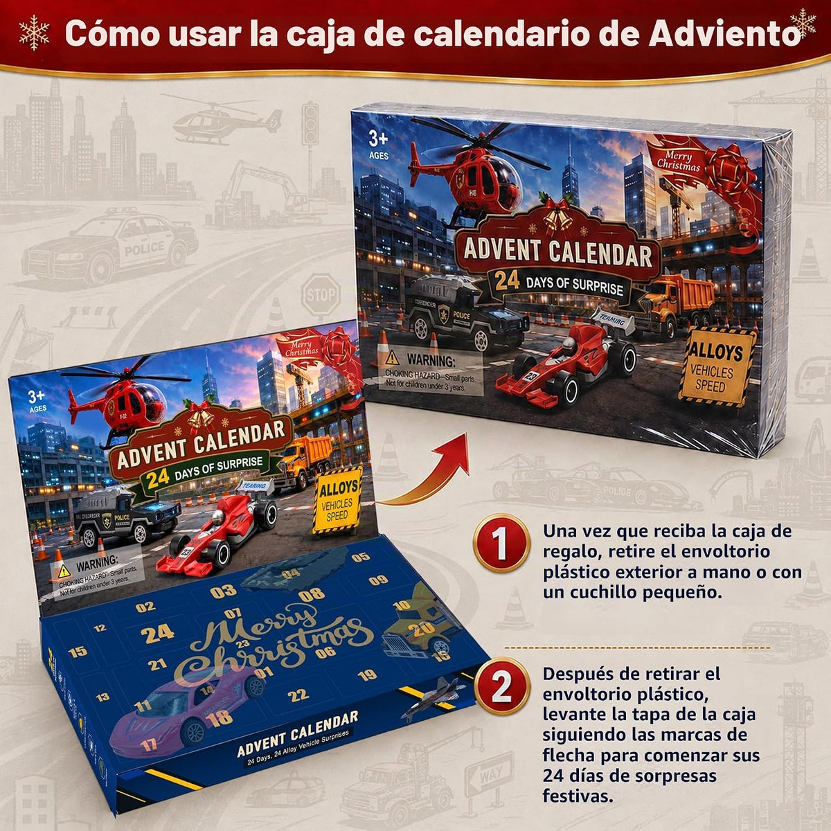 Alloy Cars - Calendario de Adviento 2026 para niños, 24 piezas, calendario de cuenta regresiva de juguete fundido a presión, regalo de Navidad, caja sorpresa para niños y niñas de 3, 4, 5, 6, 7, 8