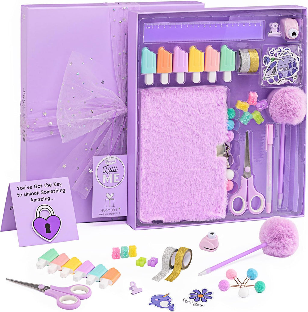 LolliME - Kit de diario de bricolaje morado para adolescentes y niñas de 8 a 14 años, regalo de cumpleaños, juego de diario con cerradura de 300 piezas, artes y manualidades, álbum de recortes y diario creativo