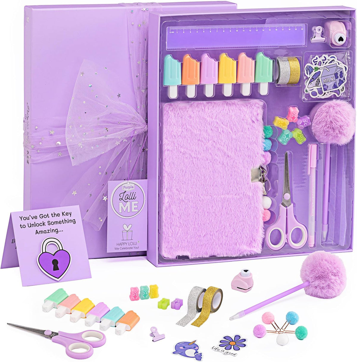 LolliME - Kit de diario de bricolaje morado para adolescentes y niñas de 8 a 14 años, regalo de cumpleaños, juego de diario con cerradura de 300 piezas, artes y manualidades, álbum de recortes y diario creativo