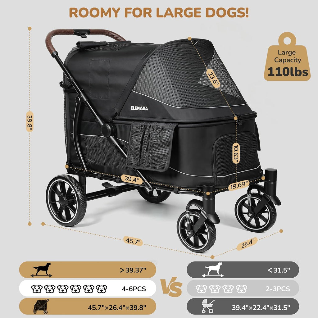 ELEMARA Cochecito grande para perros con rampa para caminar, hasta 110 libras, cochecito resistente para perros grandes y 2 perros medianos, vagón todo terreno para mascotas mayores, heridas y