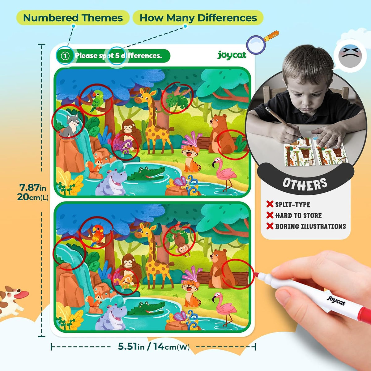 JoyCat Paquete de 24 tarjetas de juego de Spot the Difference para niños, recuerdos de fiesta reutilizables de borrado en seco, premios de aula, rellenos de bolsas de golosinas y regalos de devolución de cumpleaños para edades de 4 a 8 años