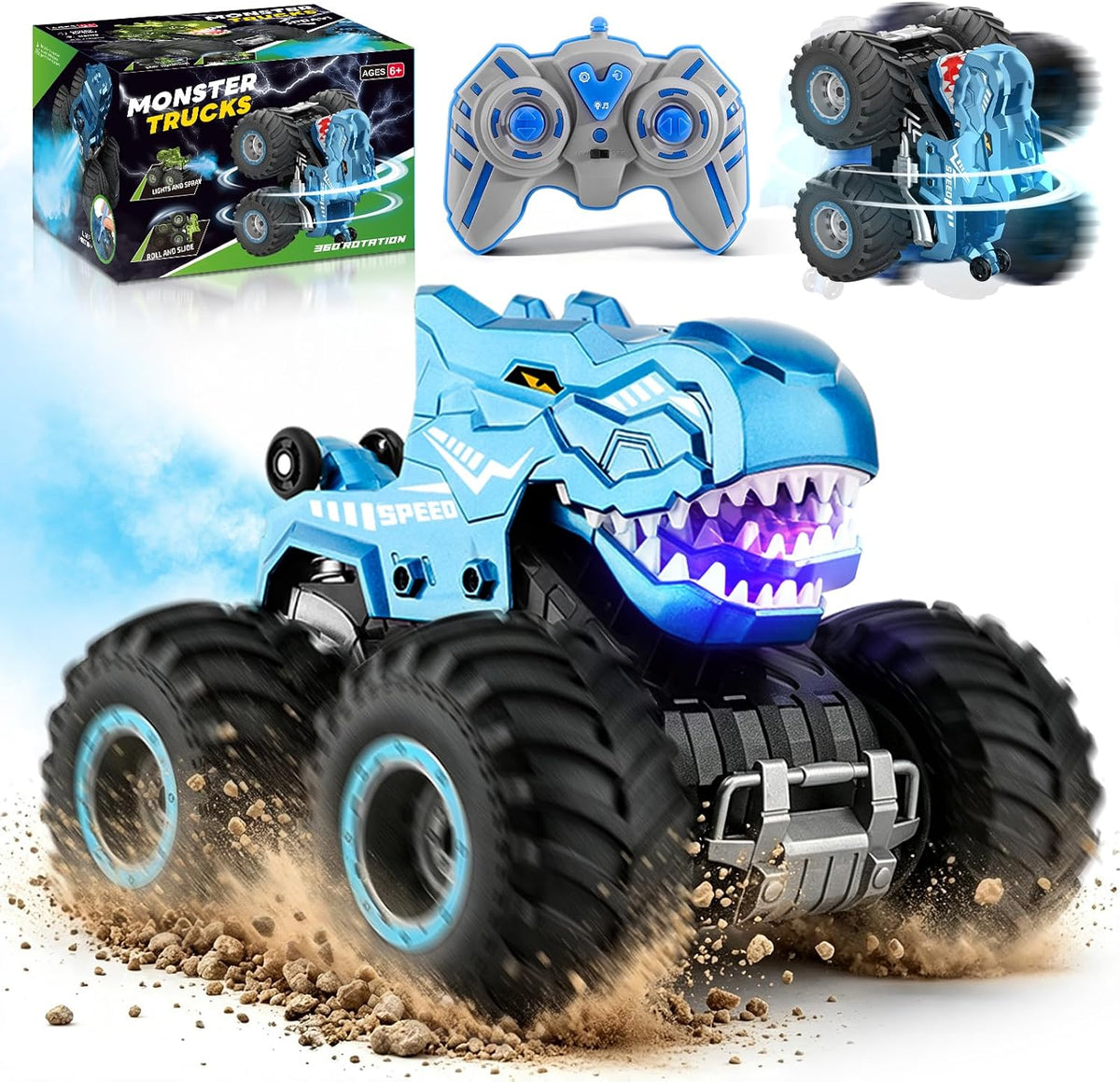 pinkking Monster Truck Juguetes Camión RC Dinosaurio, control remoto con luz y rociador, juguetes RC de dinosaurio para niños, giros de 360° y vehículo monstruo a la deriva con carga Tipo-C para