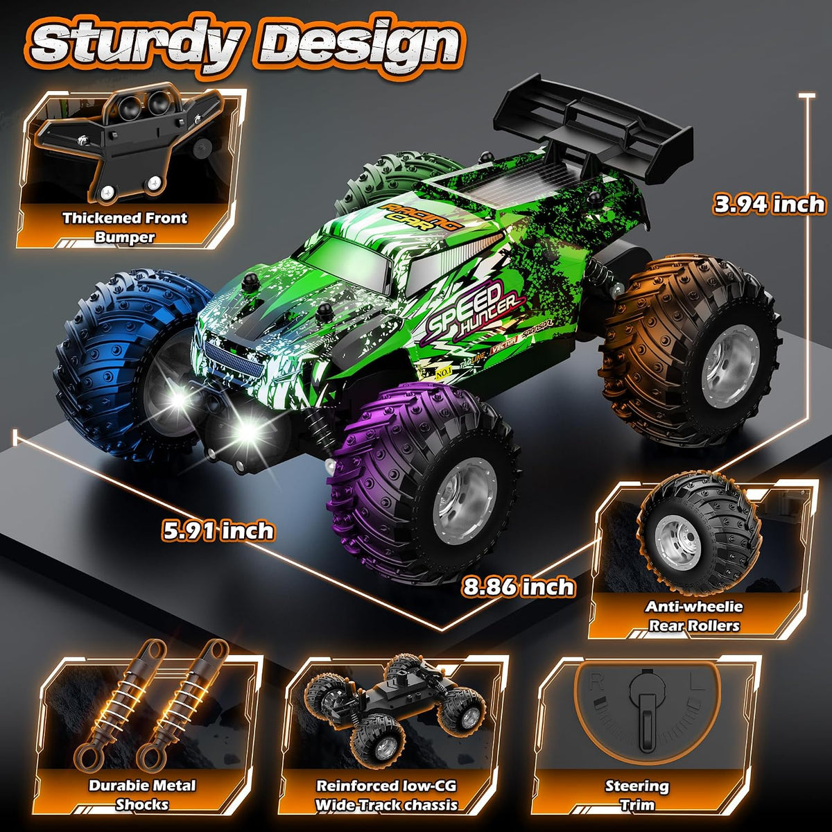 Coche de control remoto todo terreno 1:18 Rc coche con luces LED 2 baterías