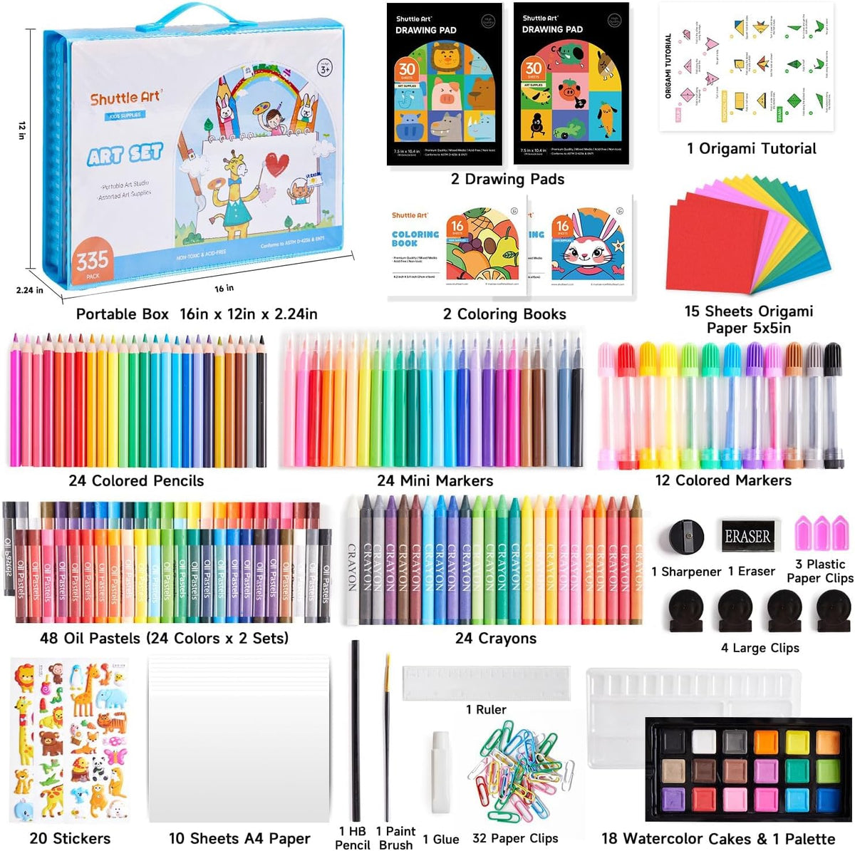 Shuttle Art Juego de Arte para Niños de 335 Piezas, Suministros de Arte Multimedia, Kit de Arte de Regalo con Caballete Tríptico, 2 Blocs de Dibujo, 2 Libros para Colorear, Pasteles al Óleo, Crayones