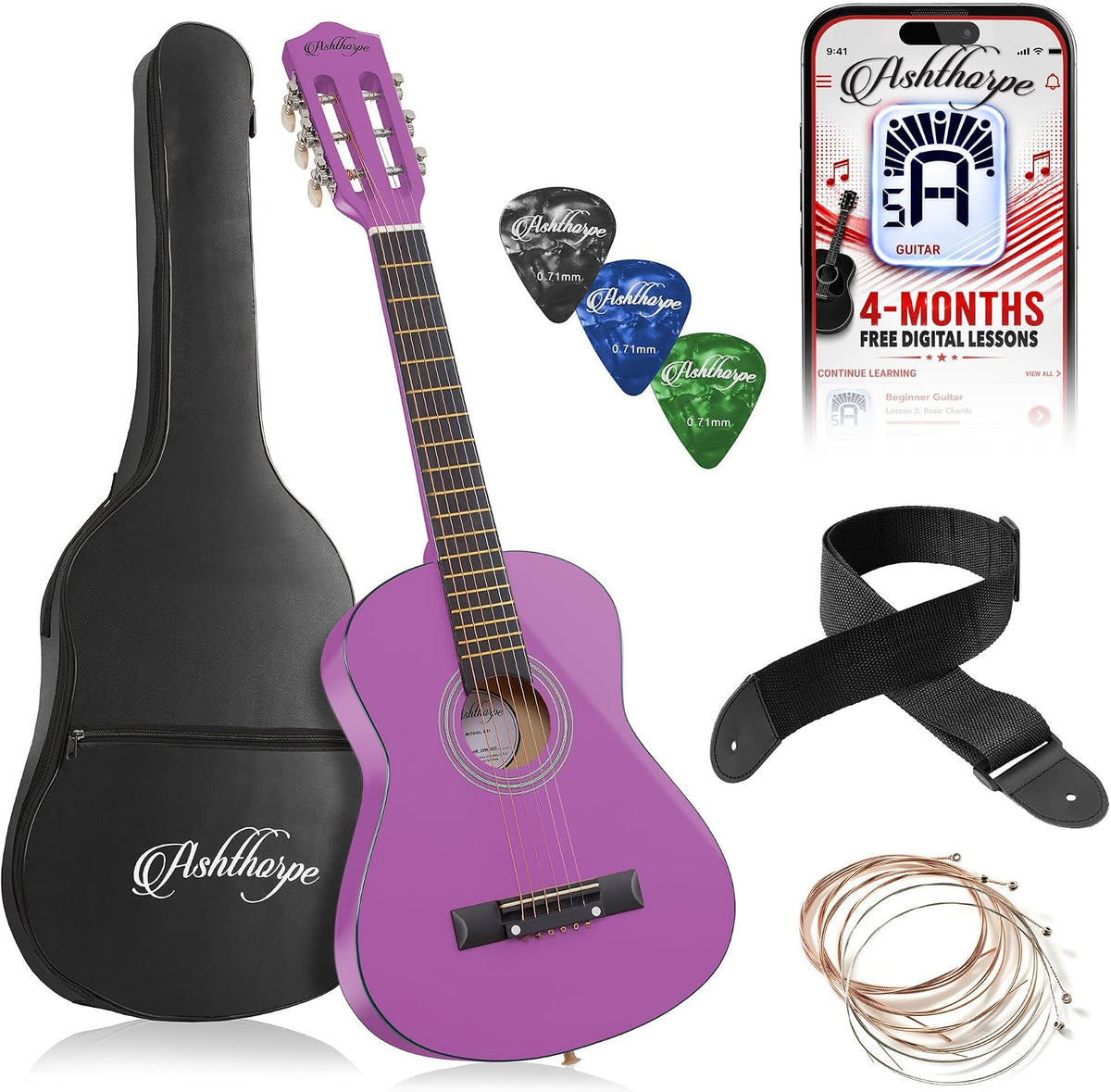 Ashthorpe Guitarra acústica infantil de 30 pulgadas (púrpura), kit de inicio para principiantes con bolsa de concierto, cuerdas adicionales, correa, púas y lecciones