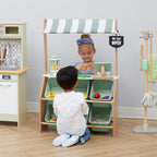 Teamson Kids Little Helper - Puesto de madera del mercado de granjeros con caja registradora de juguete y 6 contenedores de almacenamiento de plástico, verde, TD-13638A-AMZ