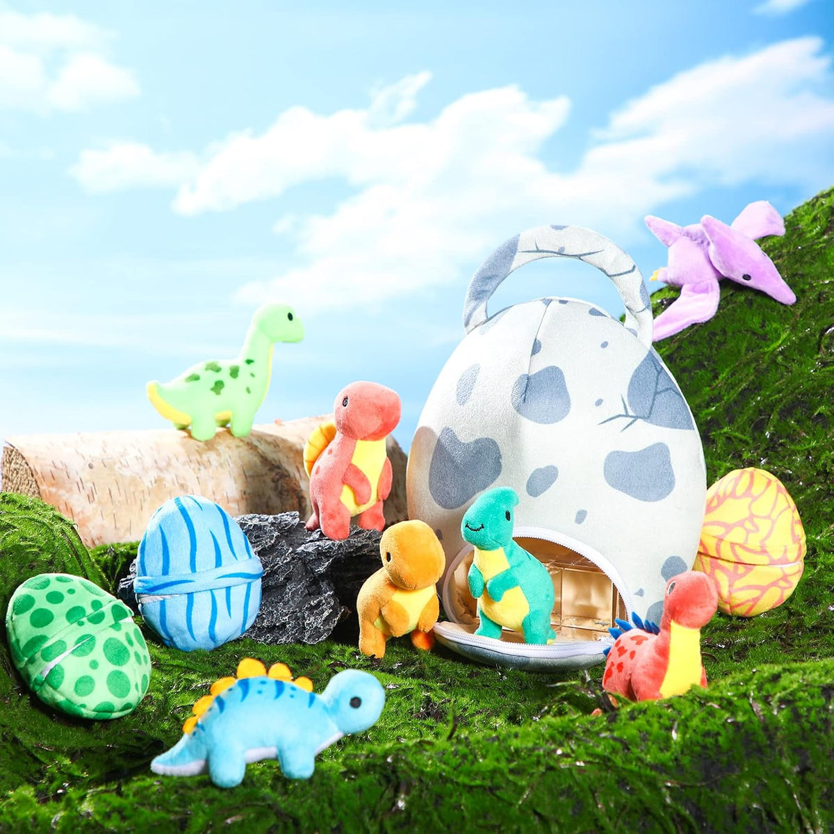 Zhanmai - 11 piezas de dinosaurio de peluche con bolsa de huevo, dinosaurio