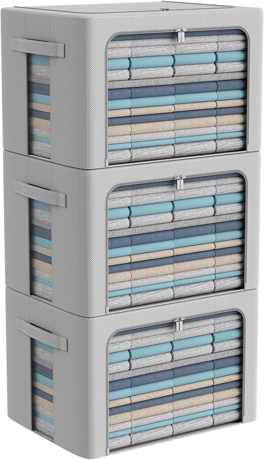 CYhom Paquete de 3 cajas de almacenamiento con marco, bolsas de almacenamiento de ropa, tela Oxford, plegable, apilable, juego organizador con ventana transparente y asas de transporte, gran capacidad (gris, grande, 66 L)