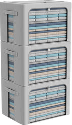 CYhom Paquete de 3 cajas de almacenamiento con marco, bolsas de almacenamiento de ropa, tela Oxford, plegable, apilable, juego organizador con ventana transparente y asas de transporte, gran capacidad (gris, grande, 66 L)
