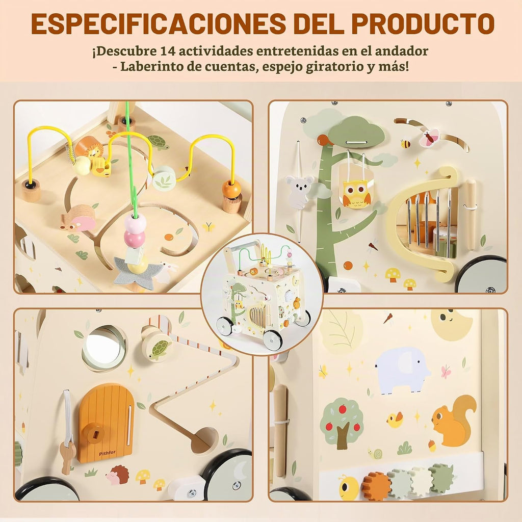 Andador de Actividad de Madera con Cubo, Andador de Madera para Bebés, Juguetes de Empuje Montessori para Bebés que Aprenden a Caminar y a Sentarse y Pararse