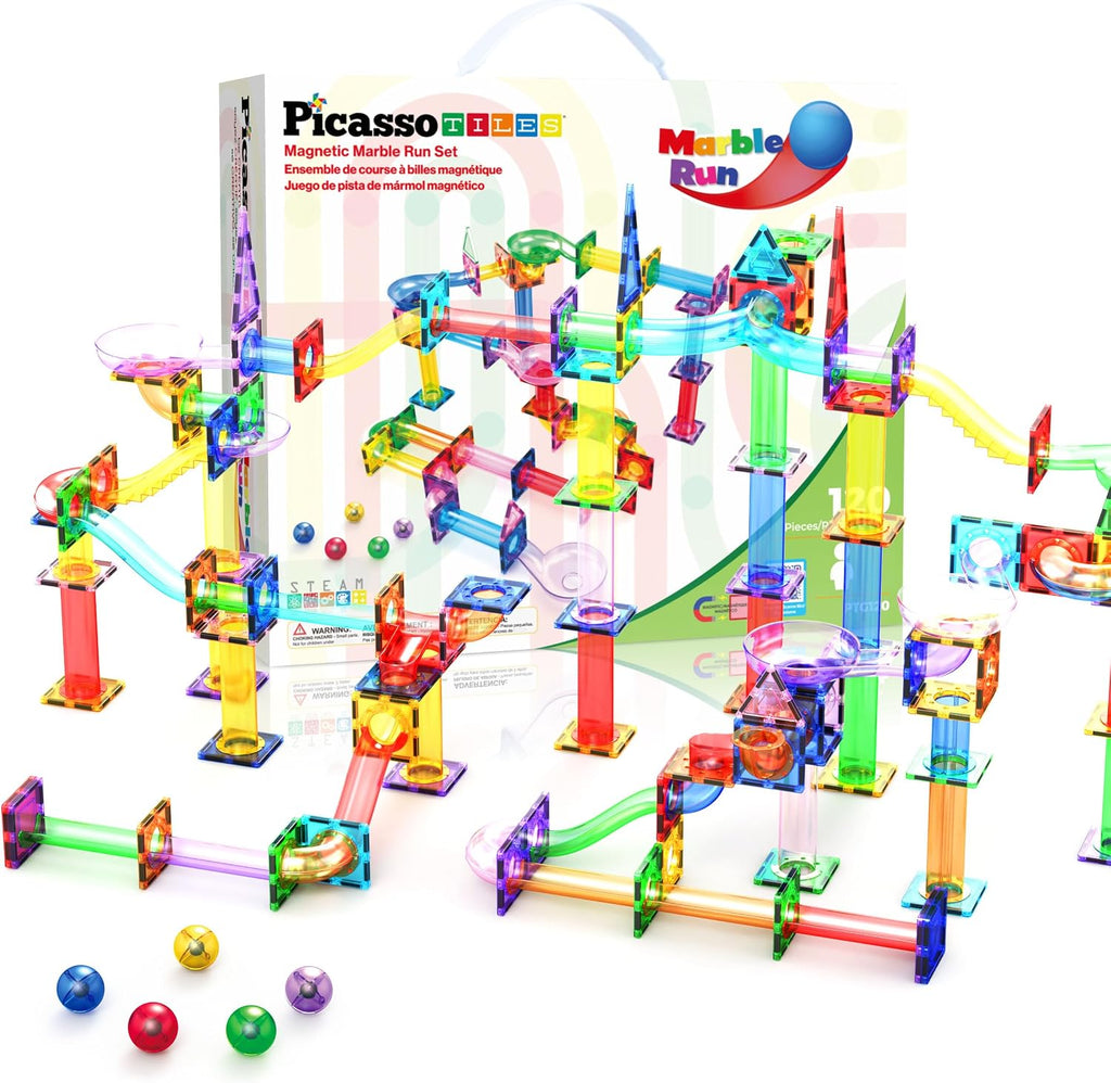 PicassoTiles Set de Construcción STEM Pistas de Canicas con Ladrillos Magnéticos 120 piezas Edades 3+