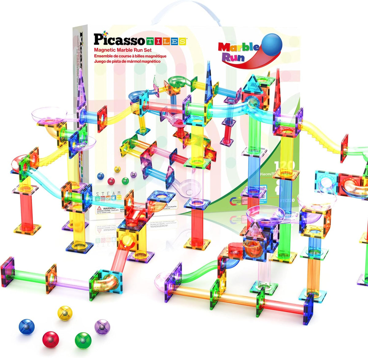 PicassoTiles Set de Construcción STEM Pistas de Canicas con Ladrillos Magnéticos 120 piezas Edades 3+