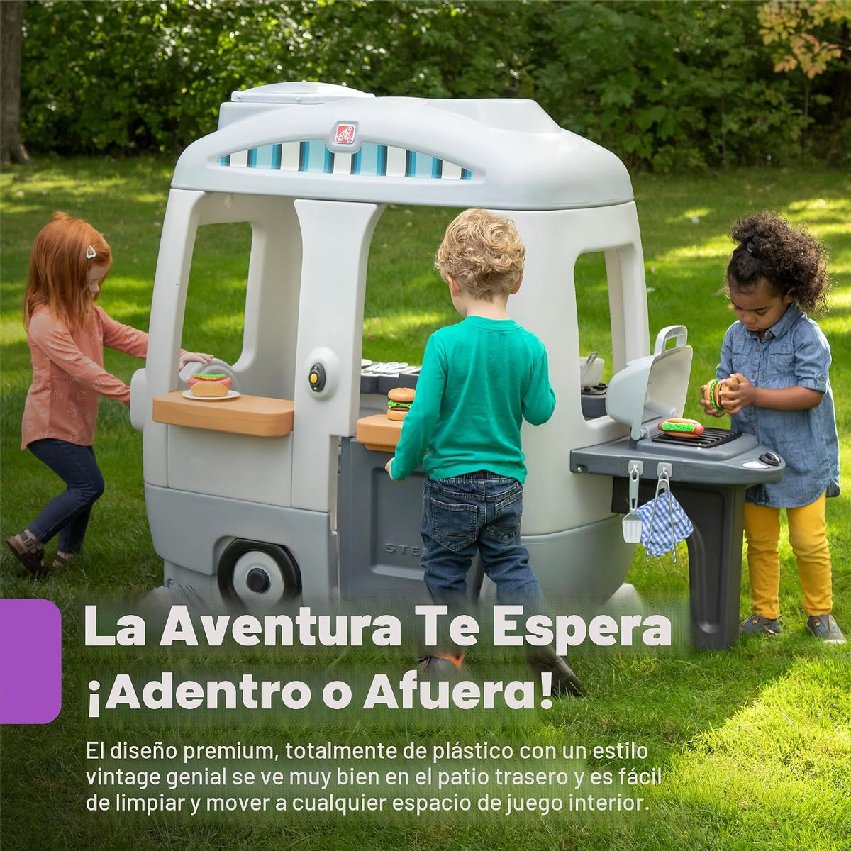 Step2 Adventure Camper Casa de juegos para niños con zona de cocina, 52 accesorios