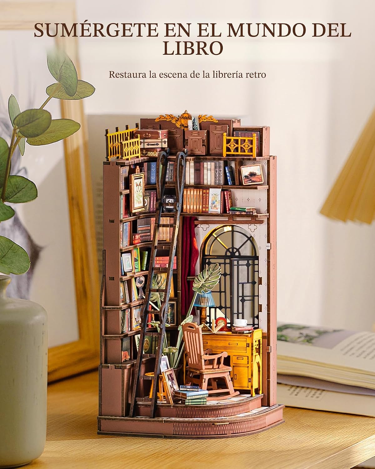 Rolife Kit de Rincón de Libros DIY Estudio de Esquina Silenciosa, Rompecabezas 3D Sujetalibros Británico Creativo Decoración de Estantería para Adultos, Kits en Miniatura de Casa Pequeña Kits de