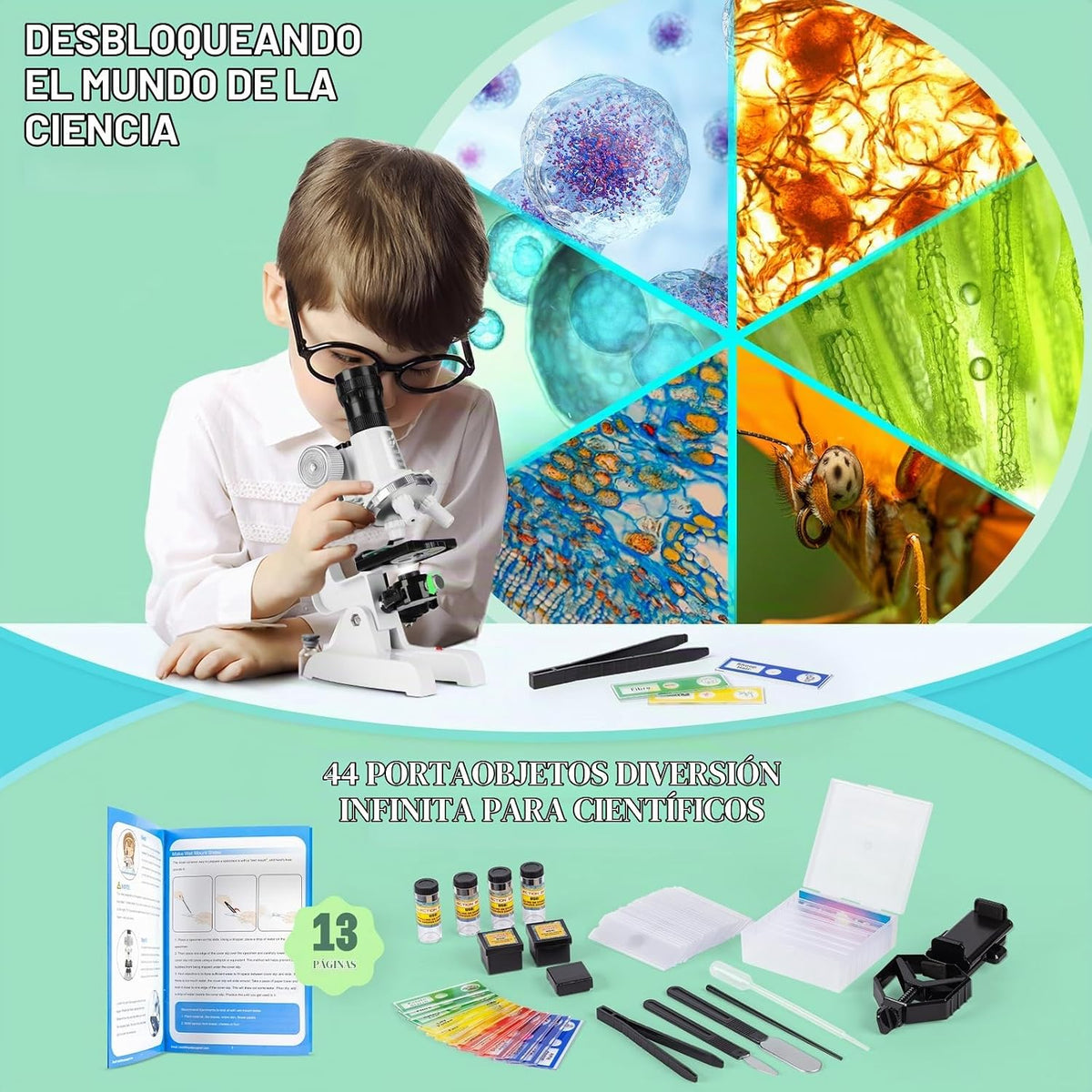 Uarzt Kit de microscopio para niños principiantes con aumento de 100X-1200X, 13 diapositivas preparadas y diapositivas en blanco para hacer tú mismo, lente HD de 18 mm, luz LED ajustable y caja de ABS