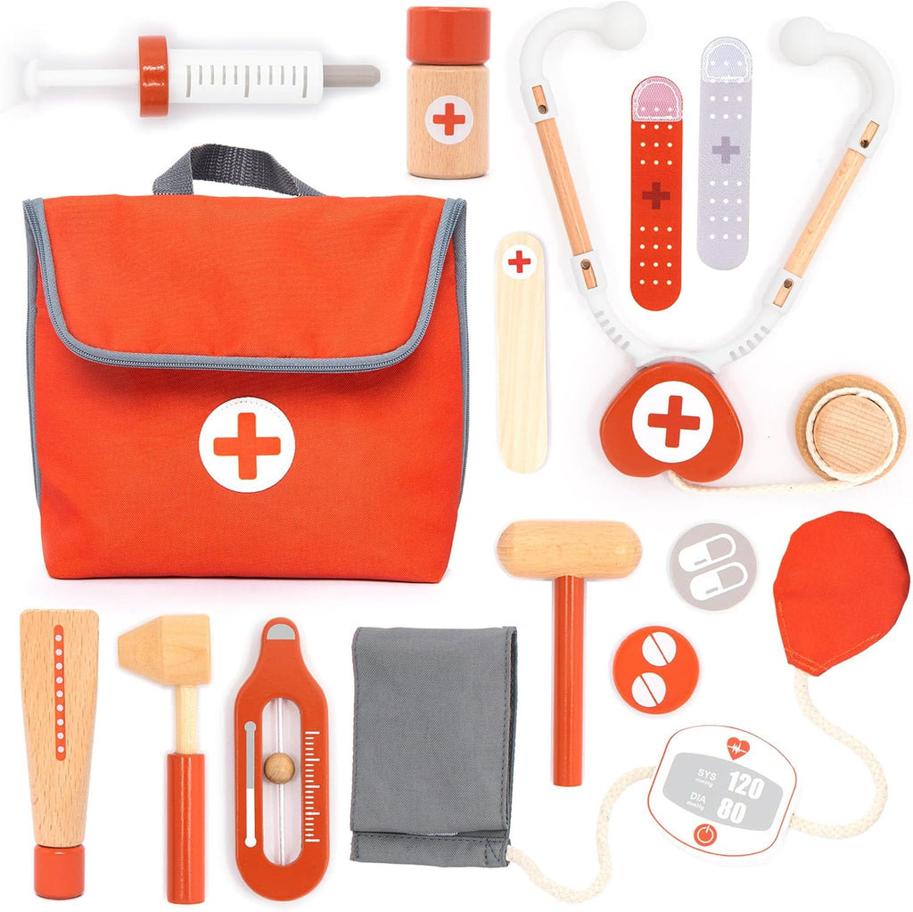 UMU® Mini kit médico de madera para niños – 14 piezas de juego médico para niños pequeños con estetoscopio, jeringa, bolsa de médico, manguito de presión arterial y más – juego de simulación para niños y niñas de 3, 4, 5, 6 años